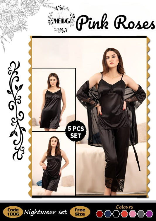 5 PCS BIRDAL NIGHT SUIT NIGHTWEAR FOR WOMEN & GIRLS -- IMPORTANT SILK GSM USE -- PACK OF 5 PIECE NIGHTY INNER+GOWN+TROUSER+SHORT & BREAST SIZE EASILY WEAR -- WOMENS & GIRLS