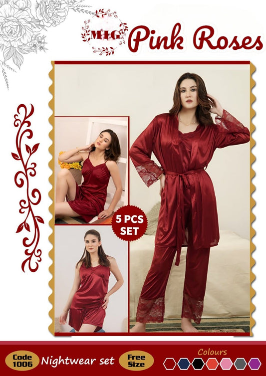5 PCS BIRDAL NIGHT SUIT NIGHTWEAR FOR WOMEN & GIRLS -- IMPORTANT SILK GSM USE -- PACK OF 5 PIECE NIGHTY INNER+GOWN+TROUSER+SHORT & BREAST SIZE EASILY WEAR -- WOMENS & GIRLS